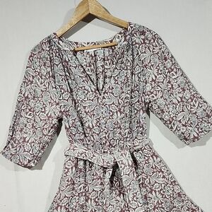 MNG Soft Burgundy & Cream Floral‎ Tiered V Neck Dress Boho Peasant Sleeve XS